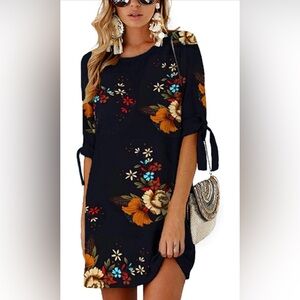 Floral Print Women's Mini Dress with Cute Tie Sleeves, Navy and Orange, Size XL